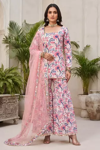 Pink floral printed viscose rayon kurta set