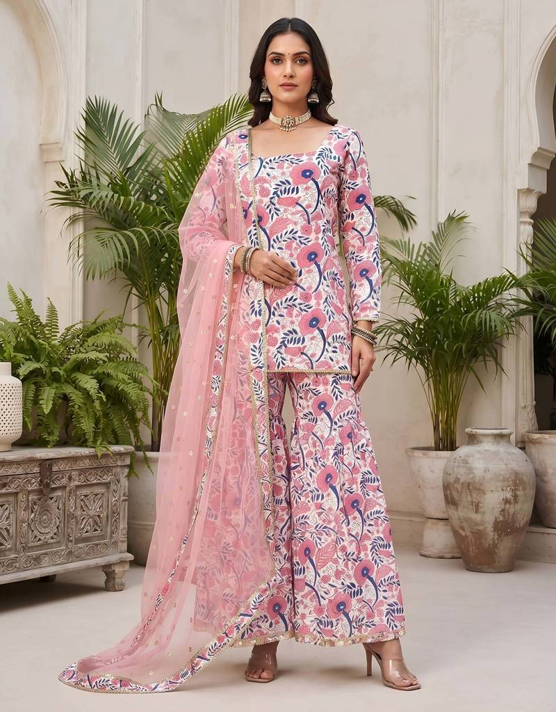 Pink floral printed viscose rayon kurta set