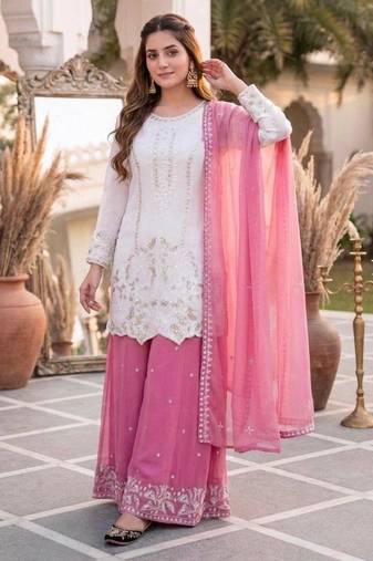White faux georgette embroidered palazzo set