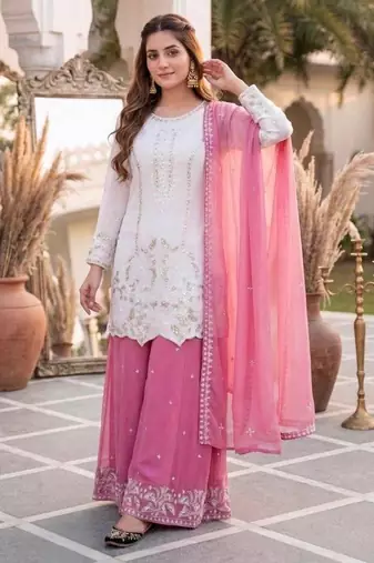 White faux georgette embroidered palazzo set