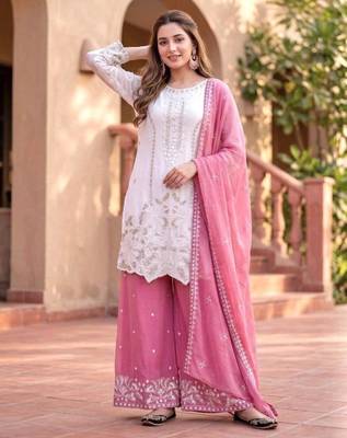 White faux georgette embroidered palazzo set 2