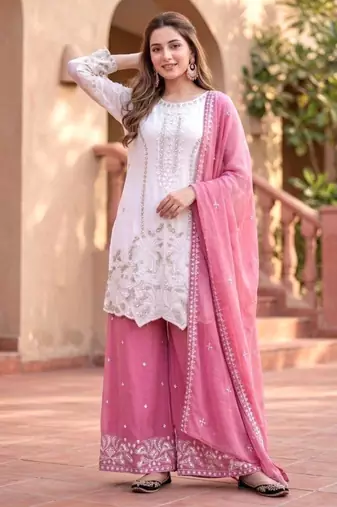 White faux georgette embroidered palazzo set