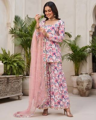Pink floral printed viscose rayon kurta set 3