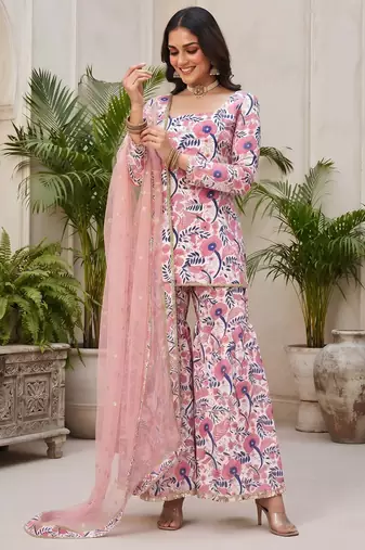 Pink floral printed viscose rayon kurta set