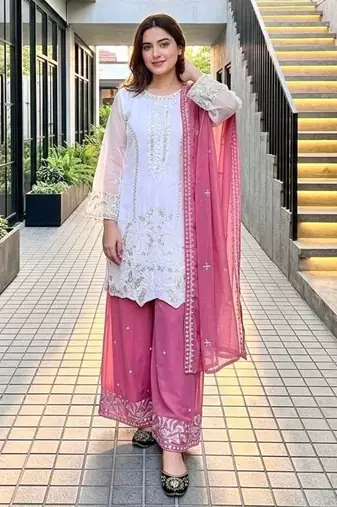 White faux georgette embroidered palazzo set