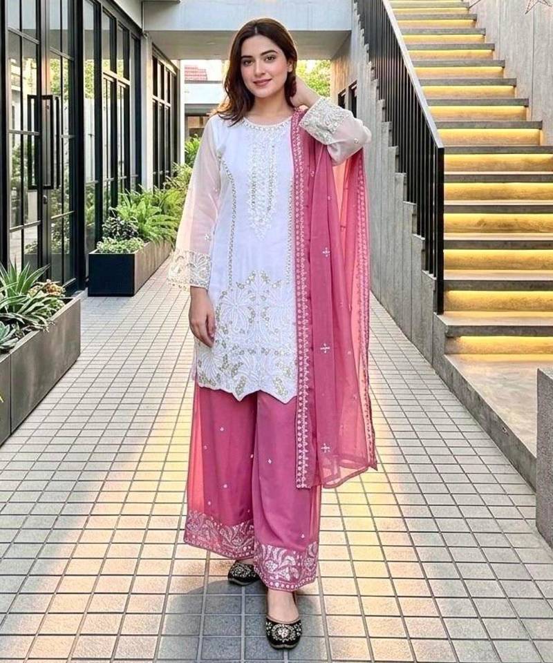White faux georgette embroidered palazzo set