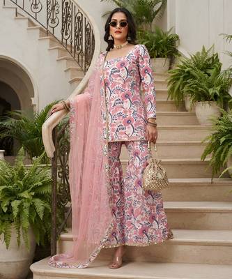 Pink floral printed viscose rayon kurta set 4