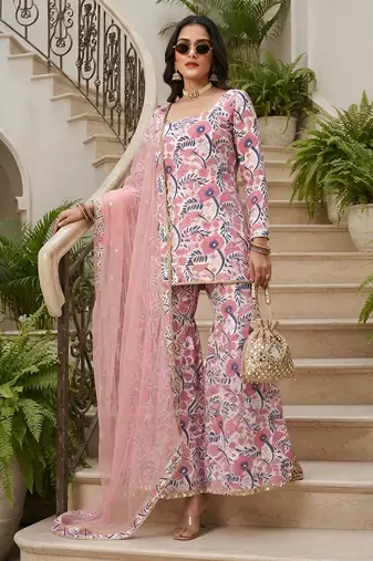 Pink floral printed viscose rayon kurta set