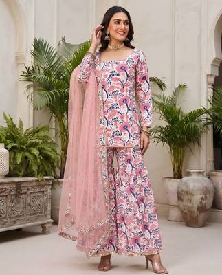 Pink floral printed viscose rayon kurta set 5