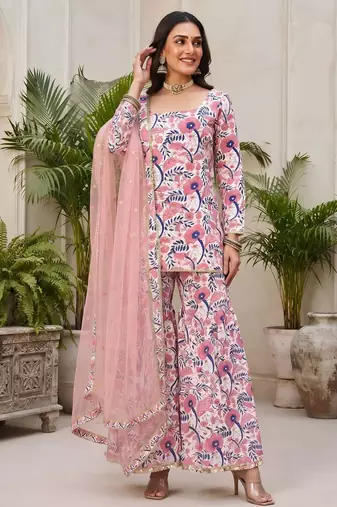 Pink floral printed viscose rayon kurta set