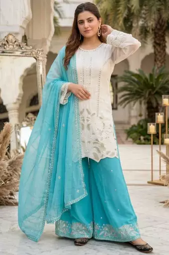 White faux georgette embroidered palazzo set