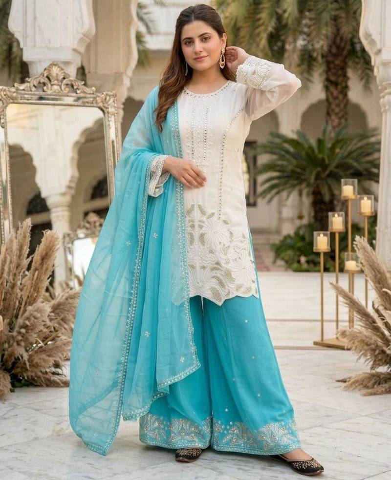 White faux georgette embroidered palazzo set