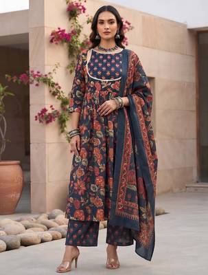 Blue floral printed cotton kurta set 1