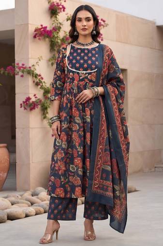 Blue floral printed cotton kurta set