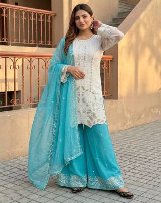 White faux georgette embroidered palazzo set 3