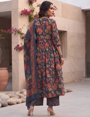 Blue floral printed cotton kurta set 2