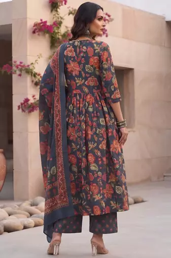 Blue floral printed cotton kurta set
