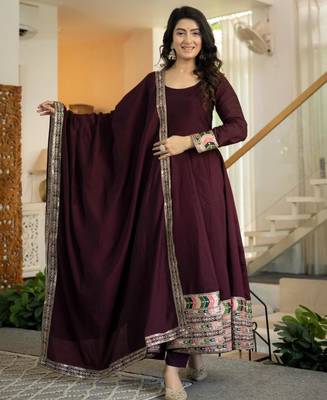 Wine silk blend embroidered anarkali set 1