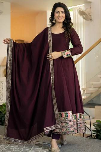 Wine silk blend embroidered anarkali set