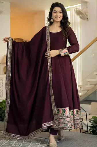 Wine silk blend embroidered anarkali set