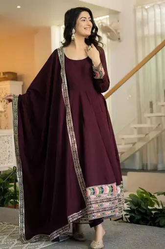 Wine silk blend embroidered anarkali set