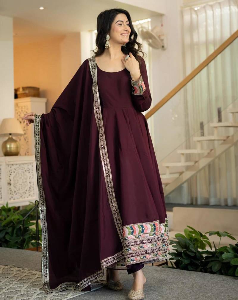 Wine silk blend embroidered anarkali set