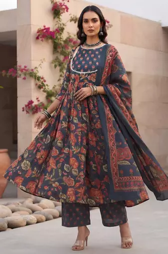 Blue floral printed cotton kurta set
