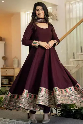 Wine silk blend embroidered anarkali set