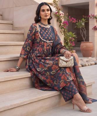 Blue floral printed cotton kurta set 4