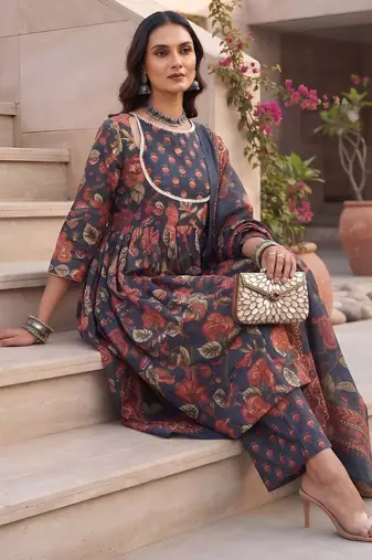 Blue floral printed cotton kurta set