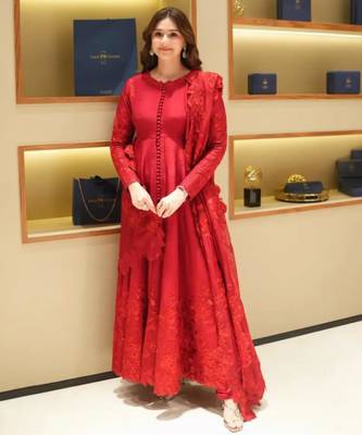Red silk blend embroidered anarkali set 1