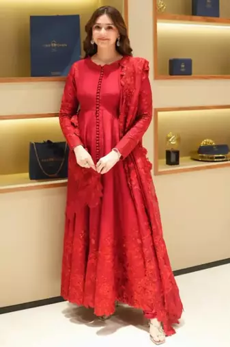 Red silk blend embroidered anarkali set