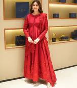 Red silk blend embroidered anarkali set