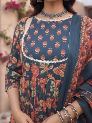 Blue floral printed cotton kurta set 5