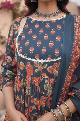 Blue floral printed cotton kurta set