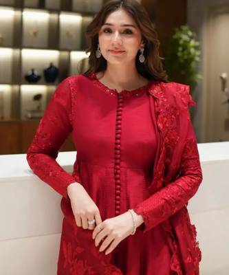 Red silk blend embroidered anarkali set 2