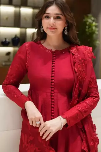 Red silk blend embroidered anarkali set