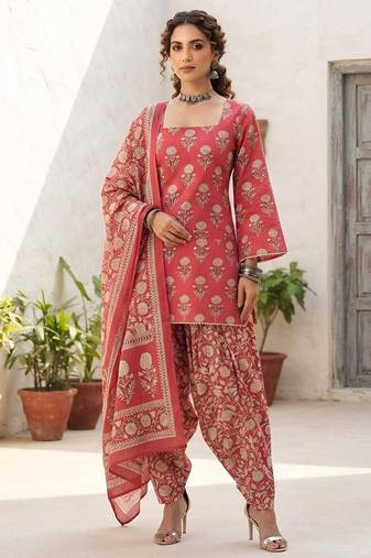 Pink floral printed cotton kurta set