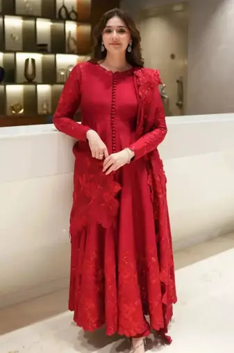 Red silk blend embroidered anarkali set