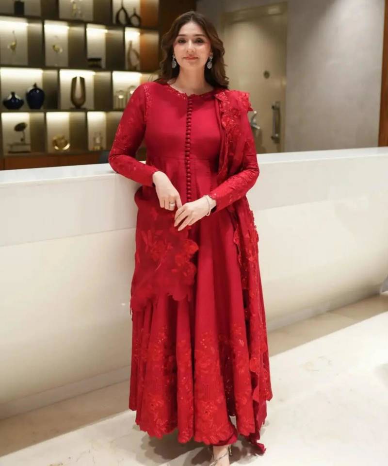 Red silk blend embroidered anarkali set