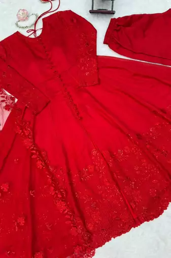 Red silk blend embroidered anarkali set
