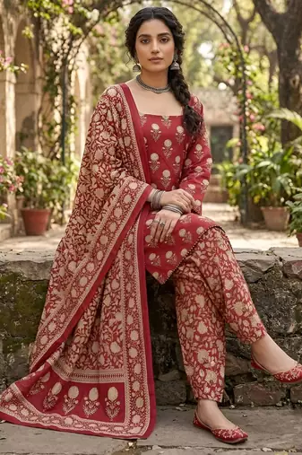 Pink floral printed cotton kurta set