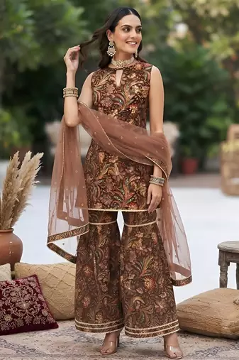 Brown floral printed cotton kurta set