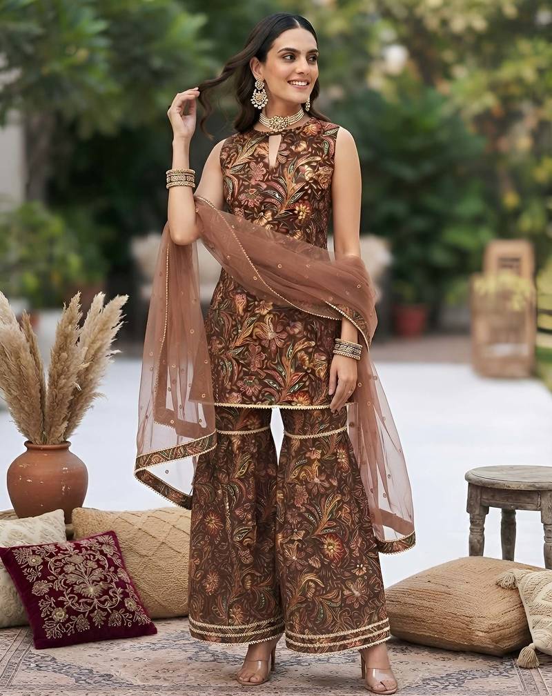 Brown floral printed cotton kurta set