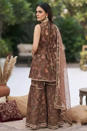 Brown floral printed cotton kurta set