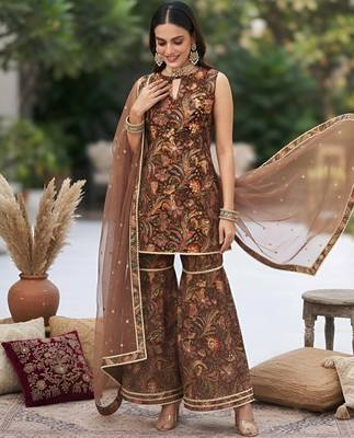 Brown floral printed cotton kurta set 3