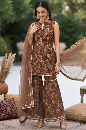 Brown floral printed cotton kurta set