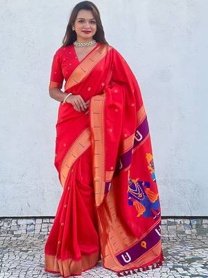 Red Woven Design Silk Blend Paithani Saree with blouse  1
