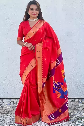 Red Woven Design Silk Blend Paithani Saree with blouse 