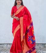 Red Woven Design Silk Blend Paithani Saree with blouse 